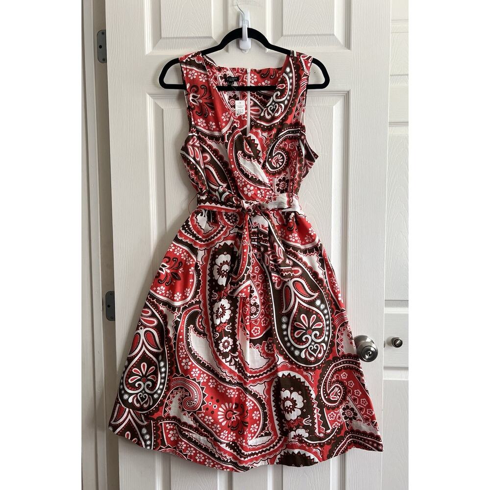 TALBOTS Paisley V-Neck Faux Wrap Cotton Retro 60's Style Fit Flare Dress 16 NWT